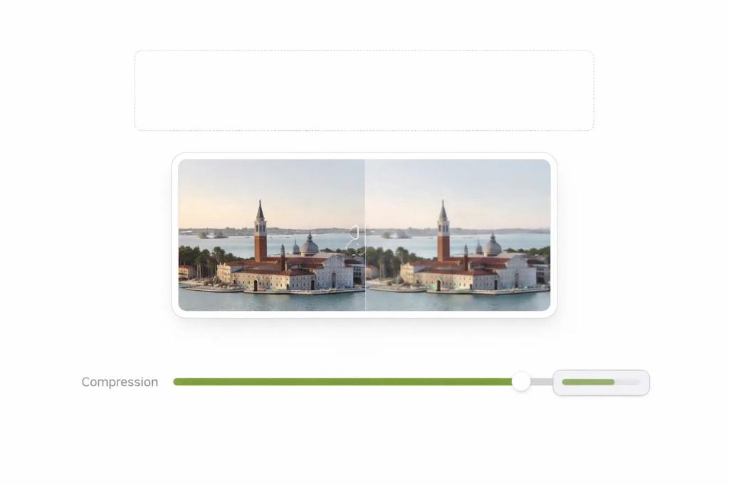 JPG compressor interface with upload area, before and after preview, and compression slider