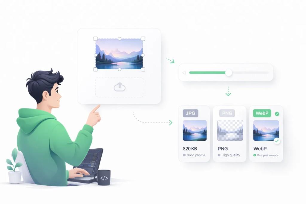 Illustration of a person at a desk using image optimization controls, showing upload, quality slider, and WebP output options