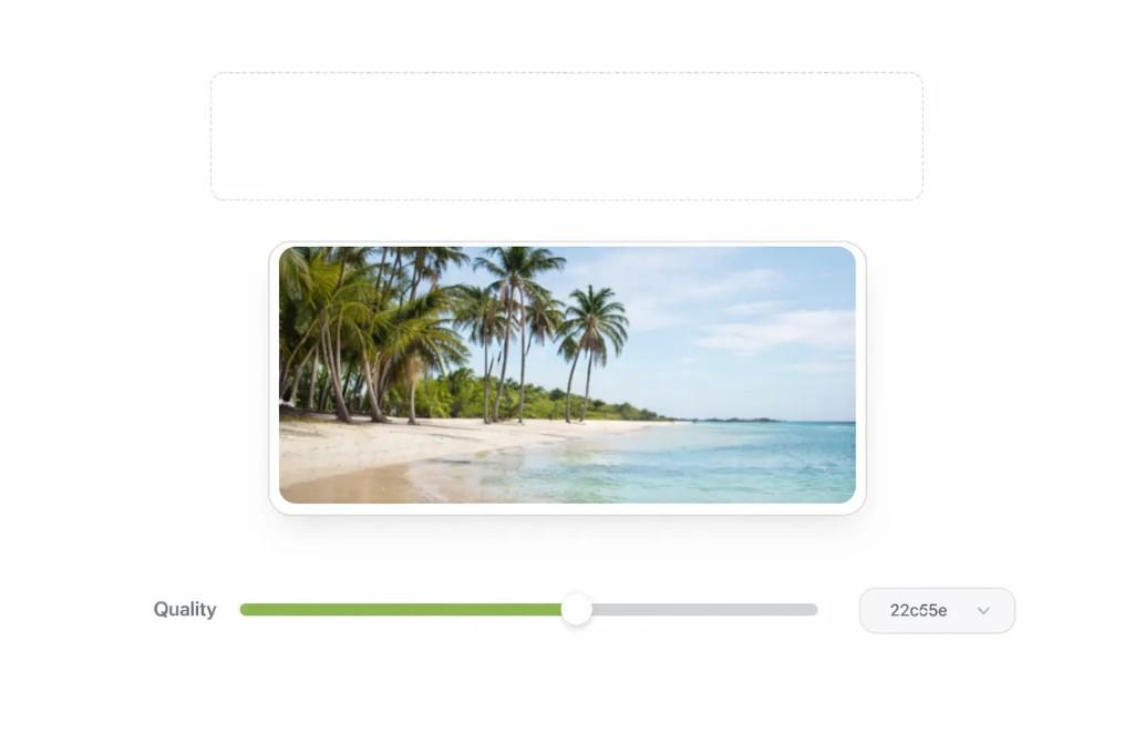 JPEG to WebP converter interface with upload area, beach photo preview, and quality slider