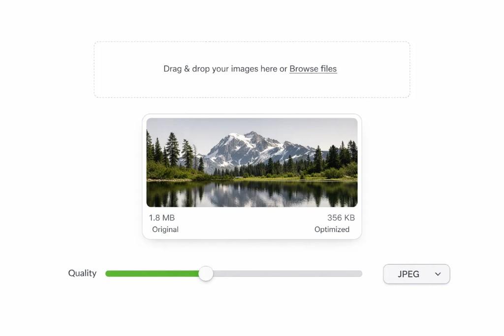 JPG to WebP converter interface showing upload area, image preview with original and optimized file sizes, quality slider, and format controls