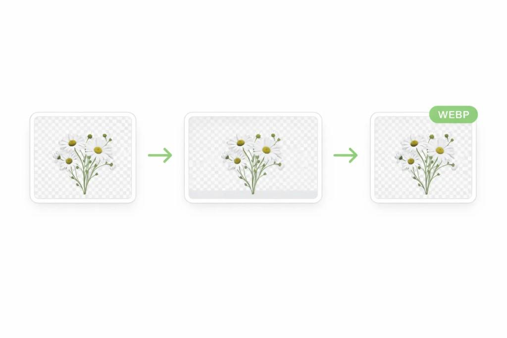 Three-step workflow from PNG upload through processing to WebP output with transparency preserved