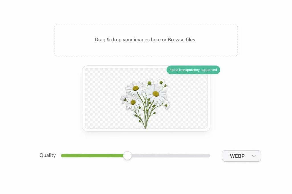 PNG to WebP converter interface with upload area, transparent image preview, quality slider, and WebP output controls