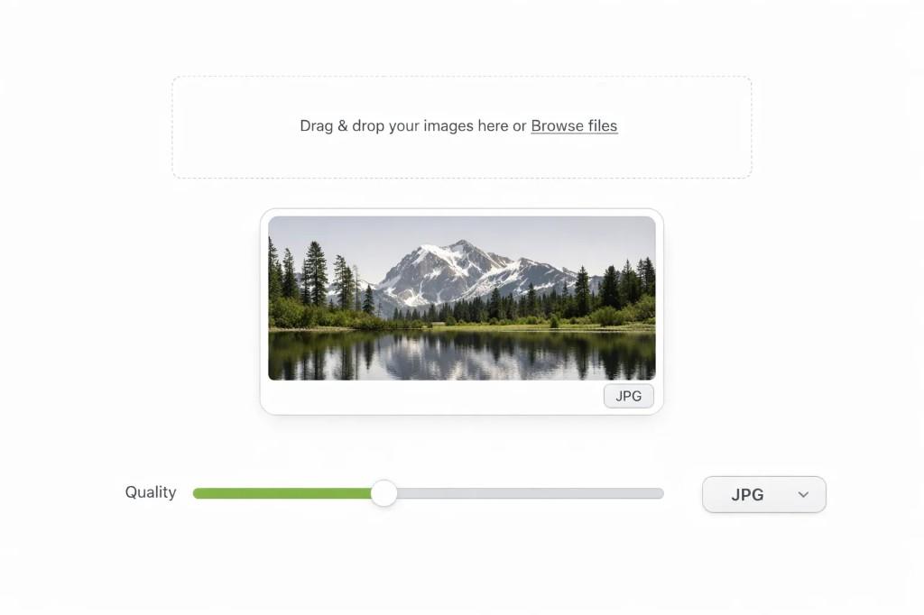 WebP to JPG converter interface with upload area, landscape preview, quality slider, and JPG format output
