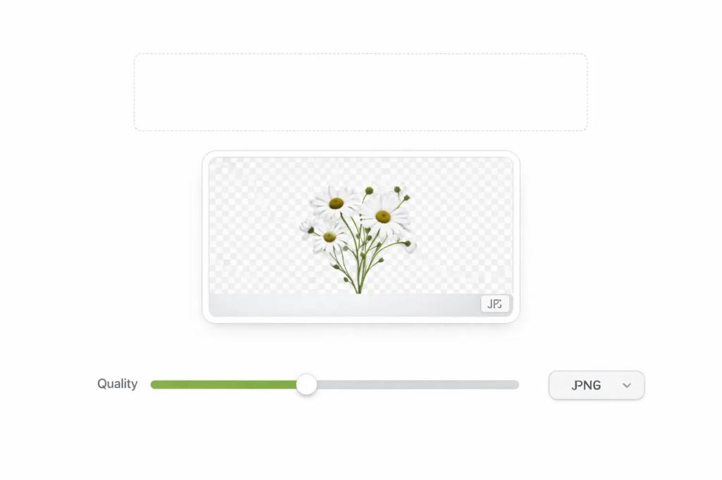 WebP to PNG converter interface with upload area, transparent image preview, quality slider, and format controls